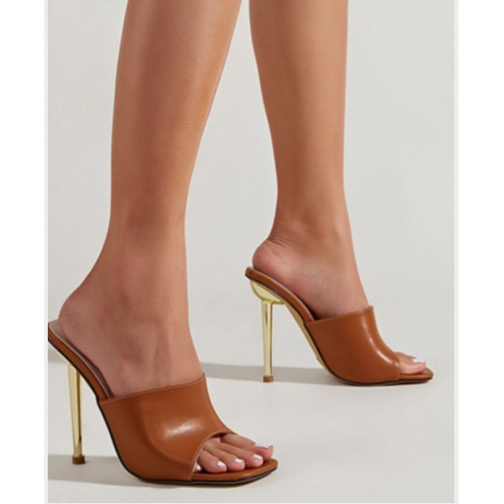 Brown Leather Open-Toe Stiletto Mule